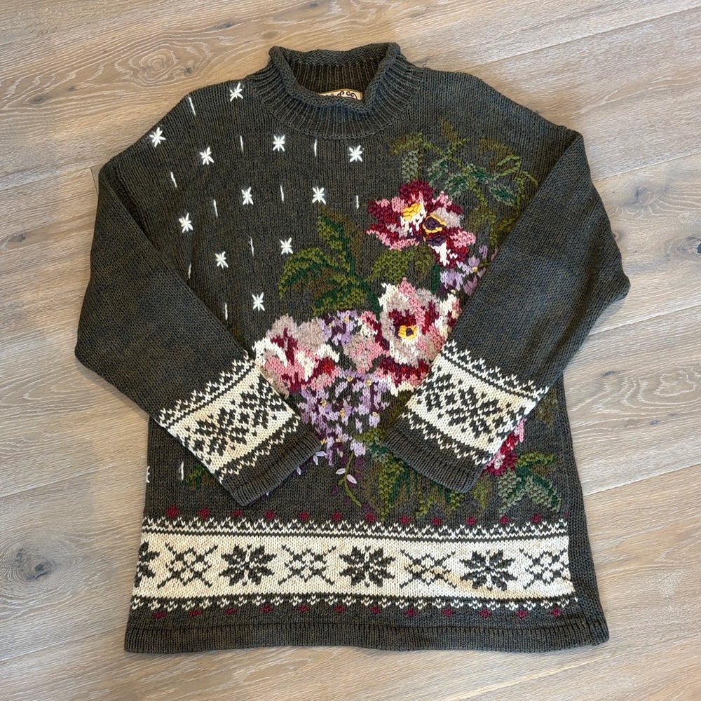 Green Vintage Floral Knit Sweater